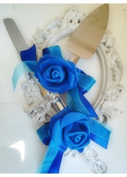 Прибори за торта за сватба с декорация в кралско синьо и тюркоаз серия Peacock Blue