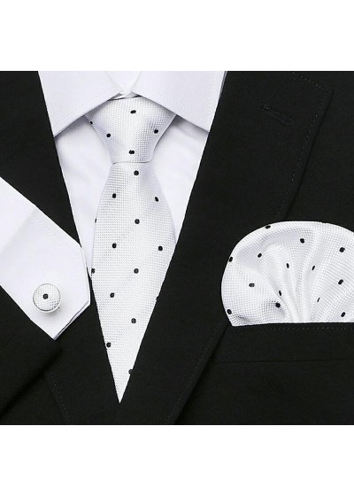 Комплект елегантна сватбена вратовръзка, ръкавели и кърпичка в бяло на черни точки
