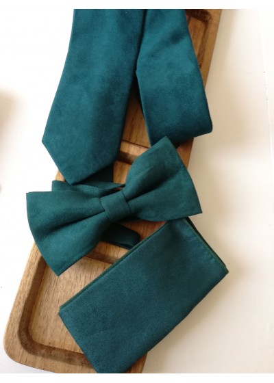 Елегантен комплект вратовръзка за младоженец, папийонка и кърпичка в тъмнозелено
