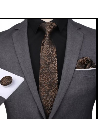 Комплект за младоженец- мъжка вратовръзка, ръкавели и кърпичка в черно и кафяво