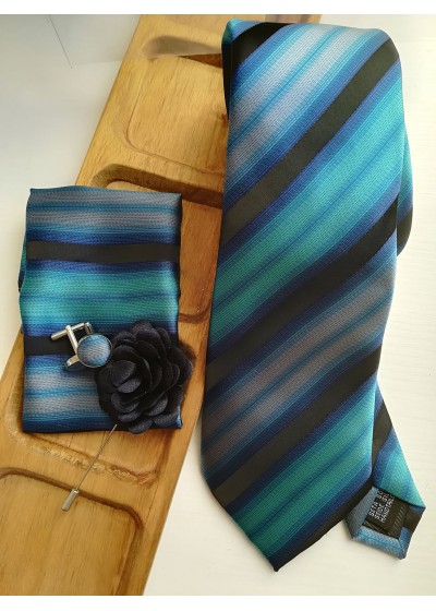 Луксозен мъжки комплект вратовръзка кърпичка ръкавели и бутониера в тюркоаз черно и синьо