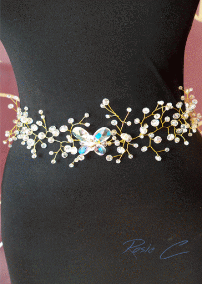 Дизайнерски колан за булчинска рокля с кристали - Crystal Butterfly Gold