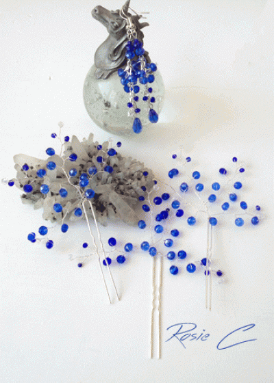  Дизайнерски фуркети за коса с перли и кристали модел Blue Rain Комплект 3 броя и обици