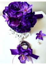 Луксозен сватбен Букет в тъмно лилаво с рози и орхидеи Purple Passion