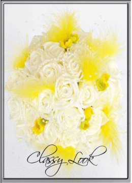 Булчински букет в бяло и жълто с рози и пера 27 бр Jaune Soleil