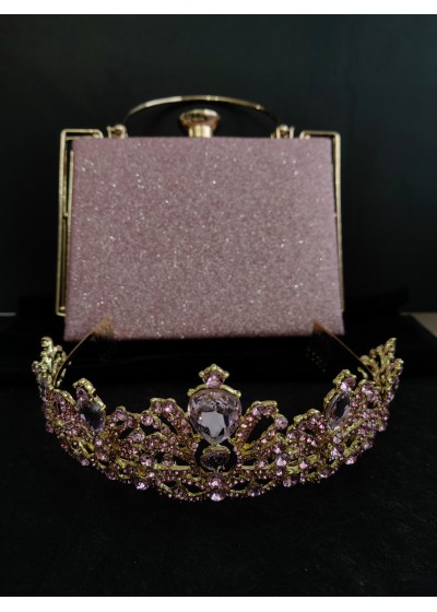 Ефектна дамска чанта цвят пепел от роза и кристална корона комплект за сватба и бал