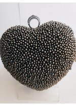 Елегантна официална чанта сърце с кристали Сваровски и мъниста цвят сив графит за бал и специални събития