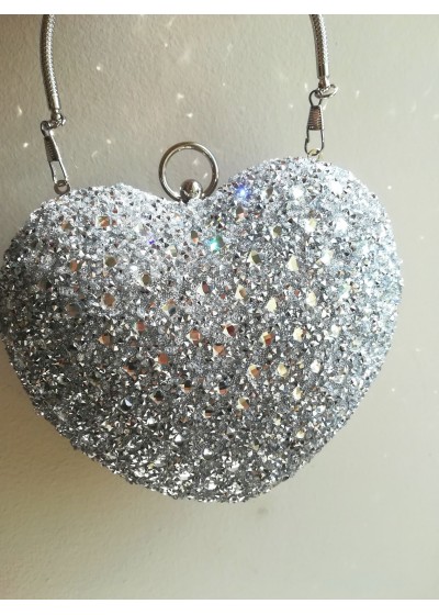 Официална дамска чанта сърце в сребърно с кристали за сватба и бал