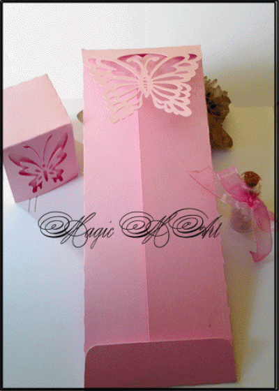 Сватбена покана Butterfly и кутиийка и подаръче за гости розово комплект