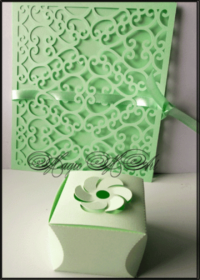 Сватбена покана Ели и кутийка за подаръче светло зелено комплект